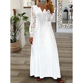Women's Maxi Dress Bohemian V-Neck Long Lace Sleeve White Flowy Skirt Casual Beach Semi-Formal Spring Summer Full Sizes Feminine Elegant Clothing Apparel