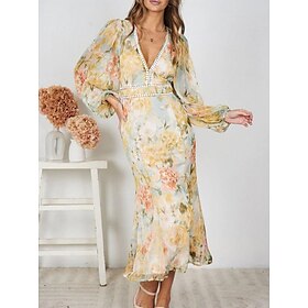 Women's Maxi Dress Casual Dress Bodycon Casual Daily Regular Fit Floral Long Sleeve V Neck Yellow Summer Spring Fall