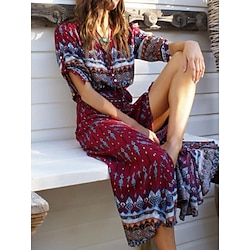 Women's Maxi Dress Casual Dress Boho Chic Dresses Boho Dress Bohemia Cute Stylish Vacation Daily Beach Loose Fit Graphic 3/4 Length Sleeve V Neck Black Wine Blue Summer Spring Fall