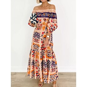 Women's Maxi Dress Casual Dress Boho Chic Dresses Boho Dress Bohemia Cute Stylish Vacation Daily Beach Loose Fit Graphic Long Sleeve Off Shoulder Orange Summer