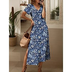 Women's Maxi Dress Casual Dress Sundress A Line Dress Vacation Casual Beach Regular Fit Floral Graphic Short Sleeve V Neck Red Blue Purple Green Summer Spring