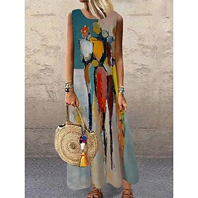 Women's Maxi Dress Casual Dress Sundress Shift Dress Casual Vacation Party Casual Regular Fit Print Abstract Sleeveless Crew Neck Blue Summer Spring