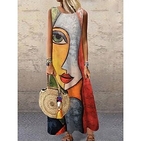 Women's Maxi Dress Casual Dress Sundress Shift Dress Modern Vacation Party Casual Regular Fit Color Block Abstract Sleeveless Crew Neck Yellow Blue Purple Oran
