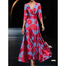 Women's Maxi Dress Casual Dress Swing Dress A Line Dress Casual Daily Regular Fit Floral 3/4 Length Sleeve V Neck White Champagne Red Spring Fall