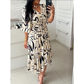 Women's Maxi Dress Casual Dress Swing Dress A Line Dress Casual Daily Regular Fit Graphic 3/4 Length Sleeve V Neck Blue Khaki Army Green Summer Spring Fall