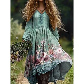 Women's Maxi Dress Casual Dress Swing Dress Boho Dress Bohemia Vintage Ethnic Vacation Daily Regular Fit Floral Long Sleeve Crew Neck White Wine Fuchsia Green