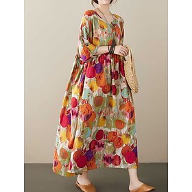 Women's Maxi Dress Cotton Linen Dresses Casual Dress Boho Chic Dresses Basic Casual Vacation Daily Regular Fit Graphic Short Sleeve Crew Neck Red Blue Summer