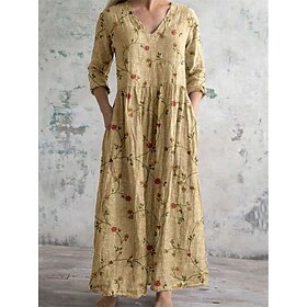 Women's Maxi Dress Cotton Linen Dresses Cotton Linen Dress Casual Daily Regular Fit Floral 3/4 Length Sleeve V Neck Yellow Green Gray Spring Fall