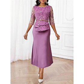 Women's Maxi Dress Lace Dress Casual Dress Bodycon Elegant Stylish Party Wedding Guest Cocktail Party Regular Fit Solid Color 3/4 Length Sleeve Crew Neck Pink