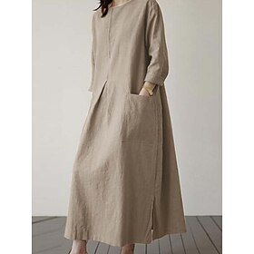 Women's Maxi Dress Linen-Inspired Dresses Hawaiian Regular Fit Solid Color Long Sleeve Crew Neck Army Green Apricot Summer Spring
