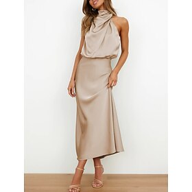 Women's Maxi Dress Party Dress Satin Dress Elegant Stylish Formal Vacation Wedding Guest Engagement Regular Fit Plain Sleeveless Turtleneck Black Wine Dark Gre