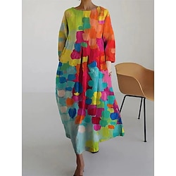 Women's Maxi Dress Pink Red Spring Fall Winter Loose Dress Casual Vacation Linen Like Weekend Loose Fit Flower Crew Neck