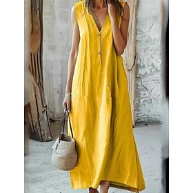Women's Maxi Dress Summer Dress Fit And Flare Dress Off The Shoulder Dress Puff Sleeve Dress Casual Daily Linen Like Regular Fit Solid Color Sleeveless V Neck