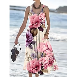 Women's Maxi Dress Sundress A Line Dress Slip Dress Pleated Dress Vacation Casual Boho Party Going out Beach Regular Fit Floral Graphic Sleeveless U Neck Pink Blue Ink Blue Green Summer Spring