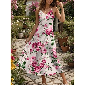 Women's Maxi Dress Sundress A Line Dress Slip Dress Vacation Casual Boho Beach Regular Fit Floral Graphic Sleeveless V Neck Yellow Red Blue Purple Summer Sprin