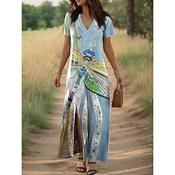 Women's Maxi Dress Sundress A Line Dress Summer Dress Vacation Casual Daily Regular Fit Graphic Dragonfly Short Sleeve V Neck Pink Blue Orange Green Summer