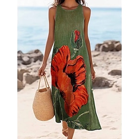 Women's Maxi Dress Sundress Shift Dress Off The Shoulder Dress Casual Going out Beach Regular Fit Floral Graphic Sleeveless V Neck Green Summer Spring