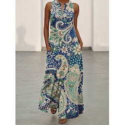 Women's Maxi Dress Sundress Summer Dress Vacation Loose Fit Graphic Paisley Sleeveless Split Neck Blue Summer