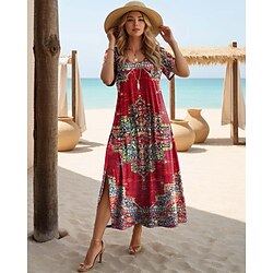 Women's Maxi Dress T Shirt Dress Tee Dress Sundress Shift Dress Bohemia Vacation Party Holiday Regular Fit Vintage Bohemian Short Sleeve Crew Neck Black Red Navy Blue Blue