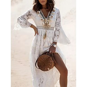 Women's Maxi Dress White Dress White Lace Wedding Dress Boho Chic Dresses Boho Dress Elegant Bohemia A Line Vacation Holiday Regular Fit Long Sleeve V Neck Whi