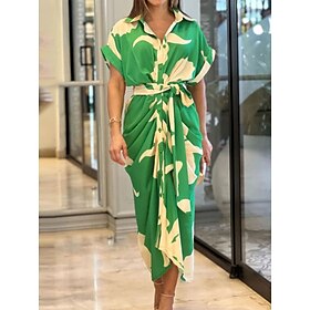 Women's Maxi Dress Wrap Dress Bodycon Dress Puff Sleeve Dress Party Birthday Party Birthday Regular Fit Graphic Short Sleeve Shirt Collar Yellow Pink Red Blue