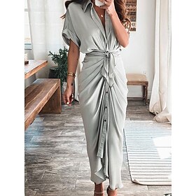 Women's Maxi Dress Wrap Dress Bodycon Dress Puff Sleeve Dress Solid Color Party Birthday Party Birthday Regular Fit Graphic Short Sleeve V Neck Black Champagne