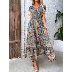 Women's Maxi long Dress Casual Dress Swing Dress Summer Dress Boho Dress Bohemia Fashion Casual Outdoor Vacation Daily Loose Fit Floral Paisley Tribal Short Sleeve V Neck ArmyGreen Red Orange Green