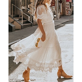 Women's Maxi long Dress White Dress Lace Dress Holiday Dress Swing Dress Elegant Romantic Boho Vacation Holiday Date Regular Fit Pure Color Short Sleeve V Neck
