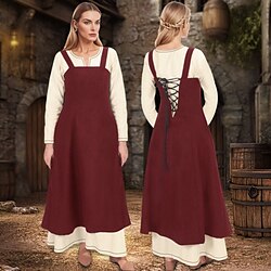 Women's Medieval Viking Apron Overdress with Laced Back Tunic Dress Set 2 PCS Outfits for LARP Ren Faire Renaissance Fair Party Carnival Halloween Dress