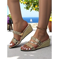 Women's Metallic Gold Wedge Sandals with Rhinestone Straps - Trendy Open-Toe Platform Shoes for Beach Resorts and Summer Getaways