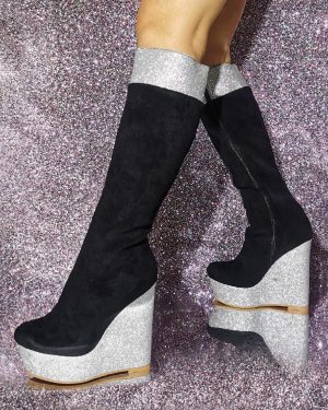 Women's Micro Suede Upper Wedge Heel Knee-High Boots