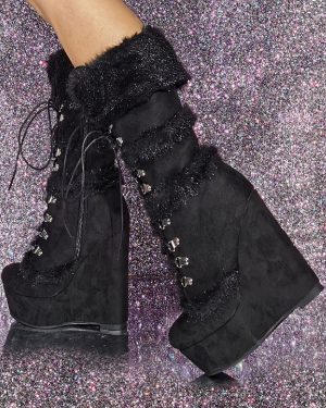 Women's Mid Calf Boots Micro Suede Upper Round Toe Wedge Heel Boots