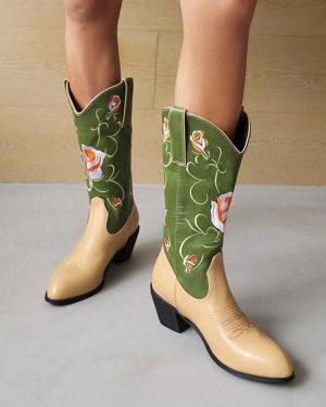 Women's Mid Calf Boots PU Leather Pointed Toe Cowboy Boots Puppy Heel Boots