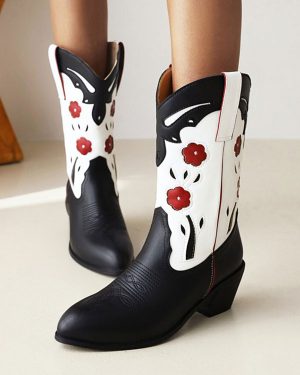 Women's Mid Calf Boots PU Leather Pointed Toe Cowboy Boots Puppy Heel Boots Cowgirl Wedding Shoes