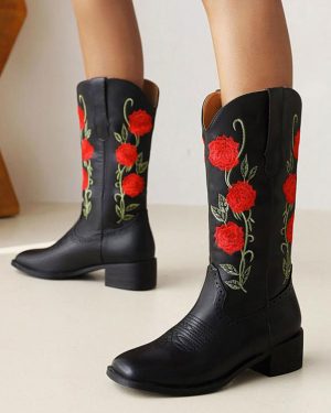 Women's Mid Calf Boots PU Leather Round Toe Cowboy Boots Puppy Heel Boots