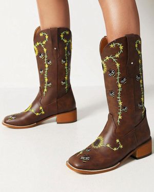 Women's Mid Calf Boots PU Leather Round Toe Cowboy Boots Puppy Heel Boots Cowgirl Wedding Shoes