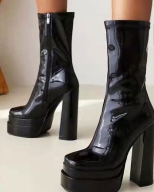 Women's Mid Calf Boots Patent PU Upper Platform Square Toe Chunky Heel Boots