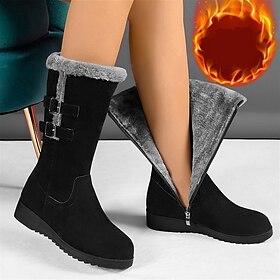 Women's Mid-Calf Winter Boots with Faux Fur Lining and Buckle Straps - Warm Suede Waterproof Snow Boots for Cold Weather