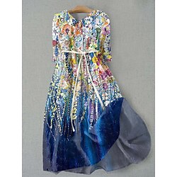 Women's Midi Dress A Line Dress Fit And Flare Dress Casual Daily Date Regular Fit Ombre Floral Graphic Half Sleeve Shirt Collar Royal Blue Sky Blue Green Summer Spring