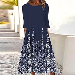Women's Midi Dress Casual Dress Shift Dress Basic Outdoor Vacation Daily Regular Fit Floral Ditsy Floral 3/4 Length Sleeve Crew Neck Navy Blue Summer Spring