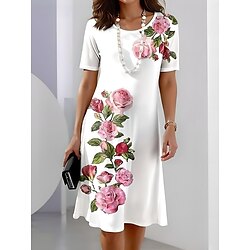 Women's Midi Dress Casual Dress T Shirt Dress Tee Dress Shift Dress Summer Dress Elegant Stylish Formal Vacation Work Casual Regular Fit Floral Short Sleeve Crew Neck White Summer Spring
