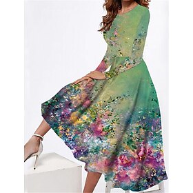 Women's Midi Dress Casual Dress Winter Dress Swing Dress Fashion Modest Formal Outdoor Party Regular Fit Floral Long Sleeve Crew Neck Green Spring Fall Winter