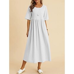 Women's Midi Dress Casual Short Sleeve Round Neck Solid Color Empire Waist Summer Wear Comfortable Flared Skirt Fashion Clothing Apparel