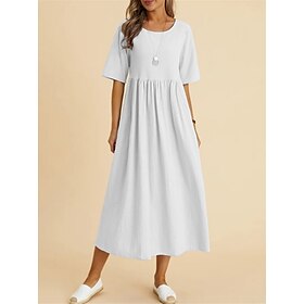 Women's Midi Dress Casual Short Sleeve Round Neck Solid Color Empire Waist Summer Wear Comfortable Flared Skirt Fashion Clothing Apparel