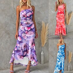 Women's Midi Dress Cocktail Dress Sheath Dress Print Dress Fashion Vacation Holiday Tea Party Regular Fit Flower Sleeveless One Shoulder Red Purple Light Blue Summer