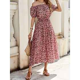 Women's Midi Dress Corset Dress Smock Dress Off The Shoulder Dress Summer Dress Milkmaid Dress Bohemia Vintage Boho Flounce Sleeve Vacation Party Street Loose