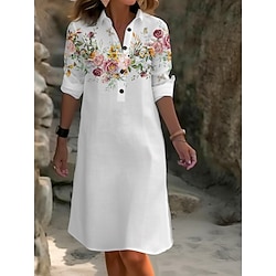 Women's Midi Dress Cotton Linen Dresses Shirt Dress Casual Dress Fashion Casual Daily Modern Outdoor Vacation Daily Loose Fit Floral Long Sleeve Shirt Collar White Navy Blue Royal Blue Blue Summer