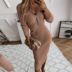 Women's Midi Dress Knit Dress Bodycon Classic Modern Vacation Daily Holiday Regular Fit Plain Long Sleeve V Neck Black White Khaki Fall