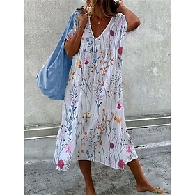 Women's Midi Dress Linen-Inspired Dresses Jumper Dress Long Sleeve Boho Dress Elegant Bohemia Casual Vacation Home Daily Loose Fit Floral V Neck Pink Red Blue