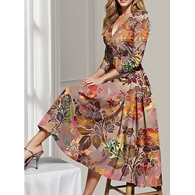 Women's Midi Dress Party Dress Cocktail Dress Wedding Guest Dress Swing Dress Fashion Party Modern Formal Winter Dress Vacation Regular Fit Floral 3/4 Length S